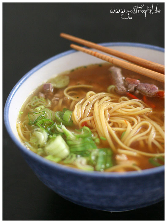 chinesiche Nudelsuppe mit Rindfleisch und Garnelen – gastrophil